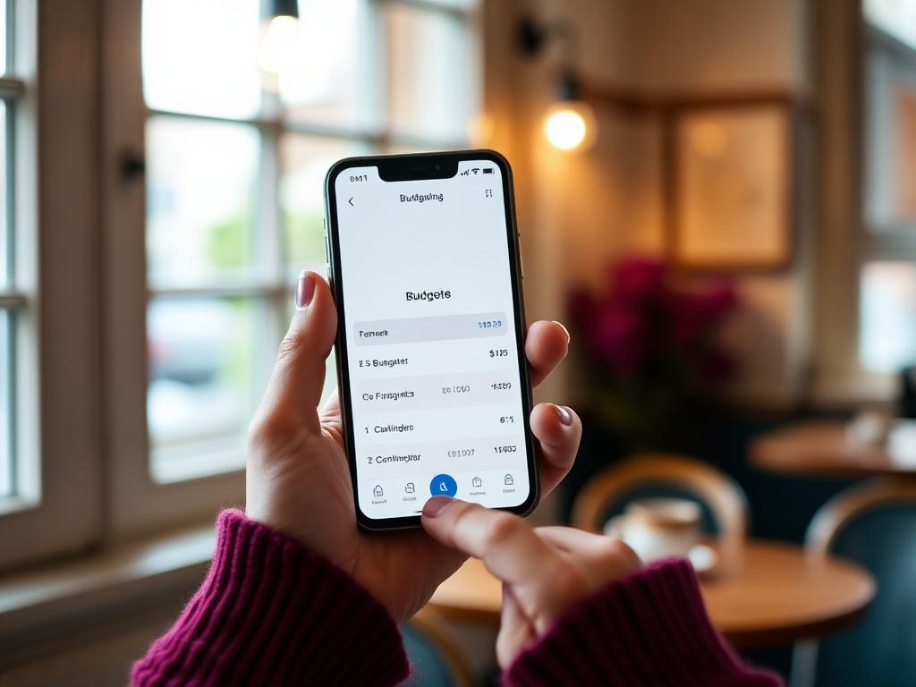 Hands holding a phone showing a clean budgeting screen in a cosy cafe